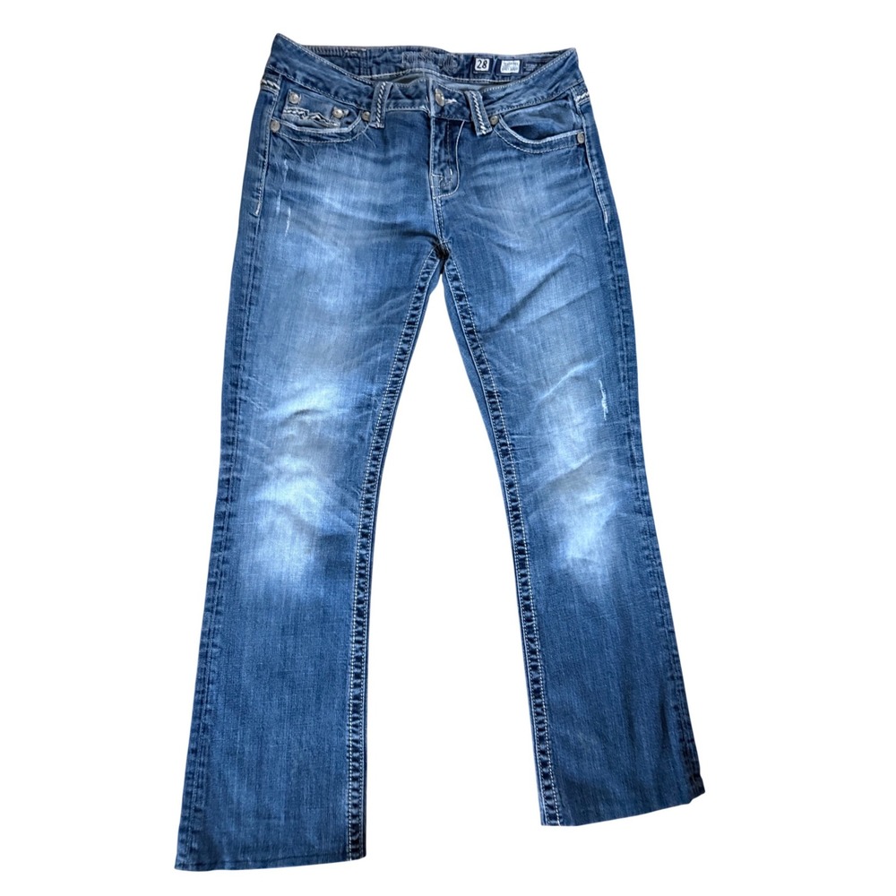 Miss Me Easy Boot Jeans 28 Medium Wash Embellished Flap Pocket JE1049ER Buckle